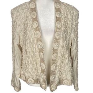 LIM'S Short Blazer Open Front 100% Silk Knotted Textured Cream PETITE MEDIUM